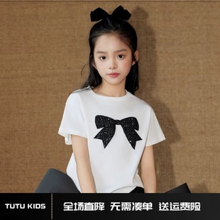 白色女童短袖 minikids童装 t恤甜美气质亮片蝴蝶结儿童上衣女大童