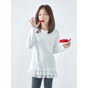 亲子中大女童纯色拼接打底衫 新款 下摆蕾丝简约上衣 2025年秋季 童装