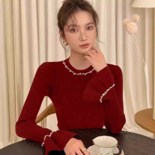 别致绝美小香风红色毛衣女秋大码胖mm显瘦内搭打底衫喇叭袖上衣