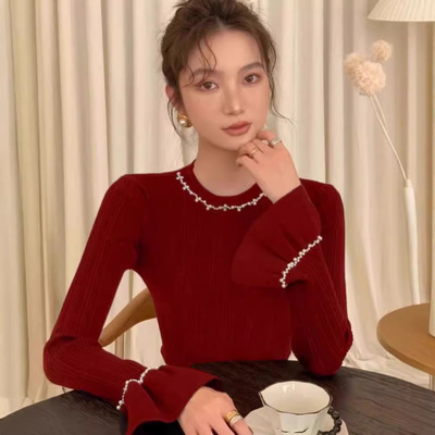 别致绝美小香风红色毛衣