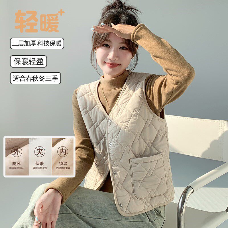 羽绒棉马甲女秋冬2025新款保暖背心轻薄短款v领秋冬加绒坎肩内胆