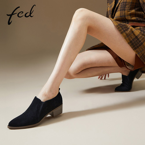 fed羊皮尖头深口粗跟通勤单鞋女