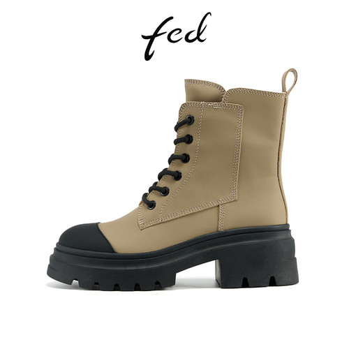 fed真皮粗跟厚底马丁靴工装短靴