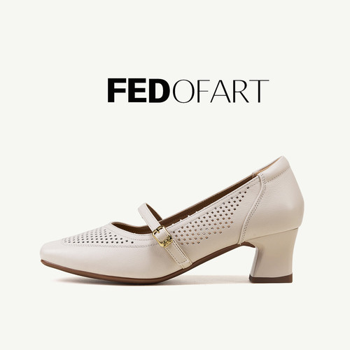 fed夏季真皮粗跟方头玛丽珍女鞋
