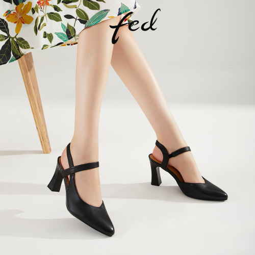 fed通勤羊皮尖头后空高跟凉鞋女