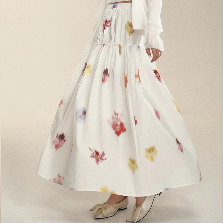 IHDXD 油画花半裙2025年夏季新款高腰洋气白色印花半身裙