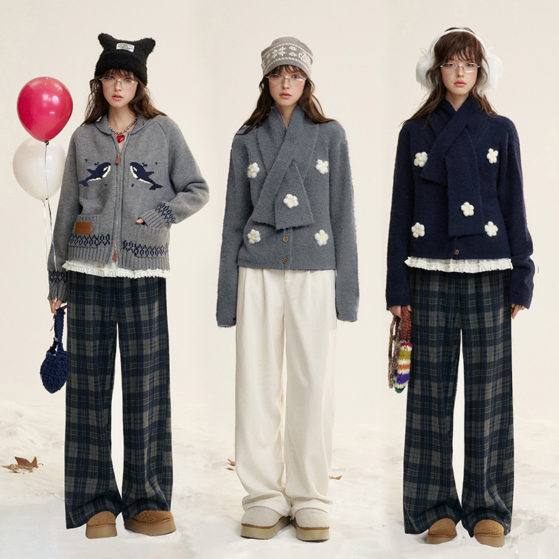 IHDXD花花毛衣/格纹休闲裤/翻领毛衣