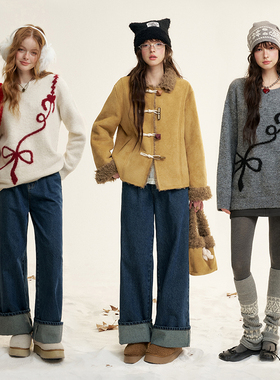 IHDXD蝴蝶结毛衣/翻边牛仔裤/彩扣外套