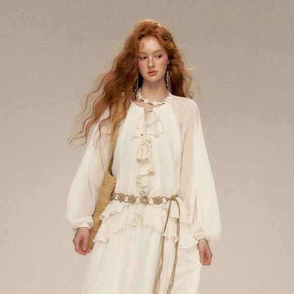 IHDXD荷叶边连衣裙法式浪漫风设计长袖透视2025夏季新款修身显瘦