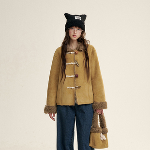 彩扣毛毛外套 IHDXD 蓝色翻边牛仔裤 现货