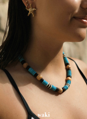 waki 塞舌尔 Seychelles 大直径松石蓝度假感手工串珠项链