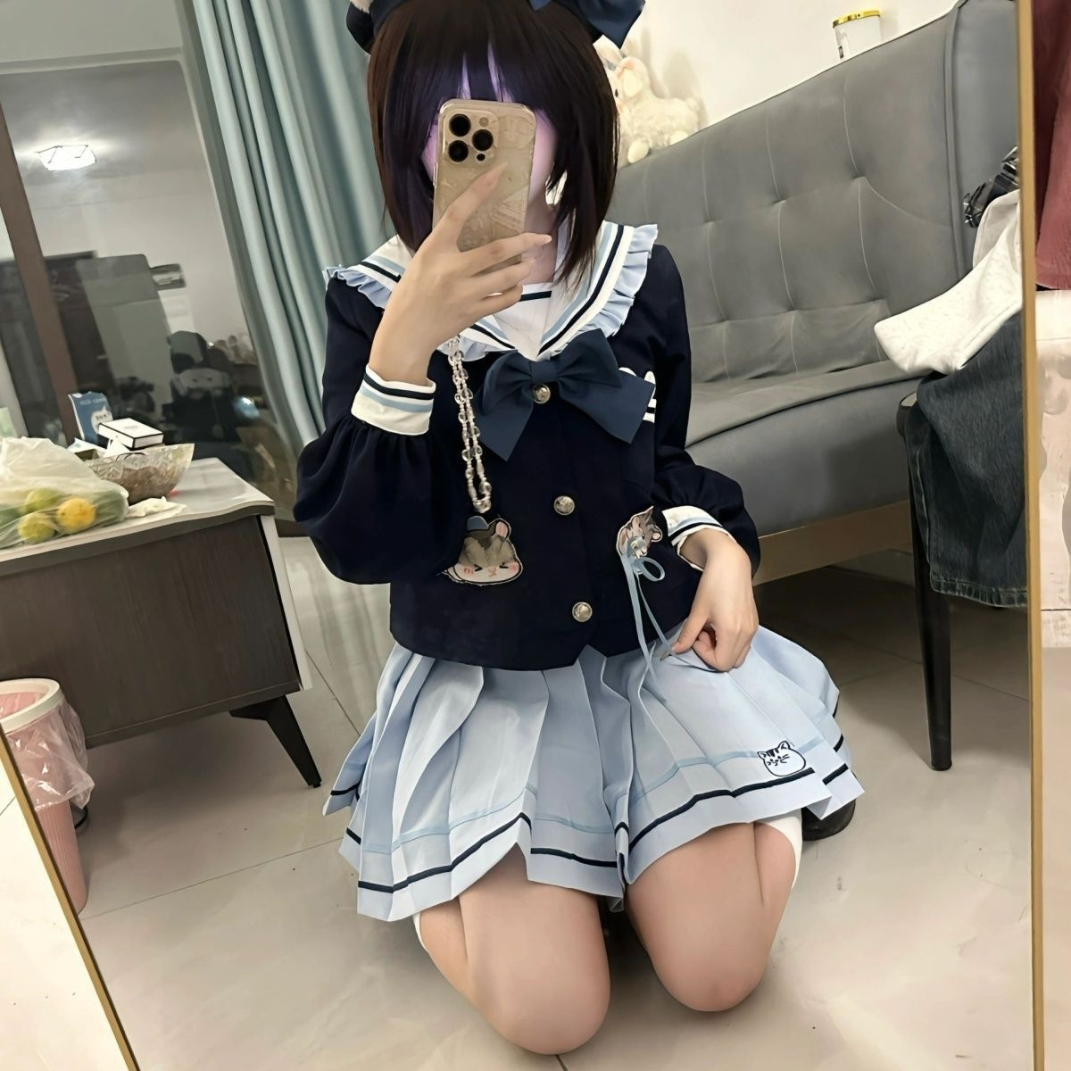 韩系可爱学院风水手服兔警官海军领设计感上衣高腰百褶裙两件套女