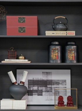 样板间新中式展示柜工艺品摆件书柜书房装饰品办公室茶室布置套装