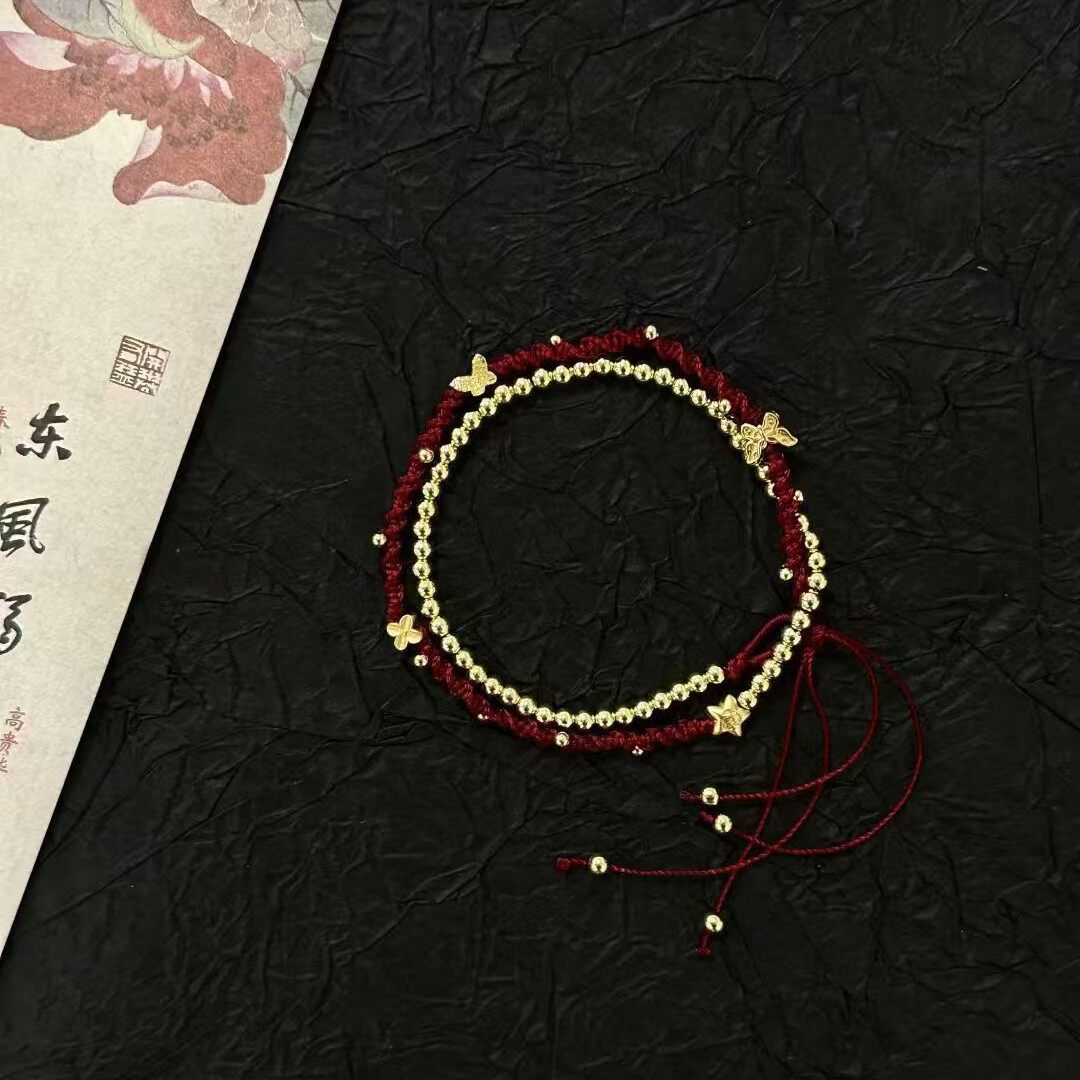 法国coopkoops925银蝴蝶星星双层编织手绳新中式复古酒红色流苏