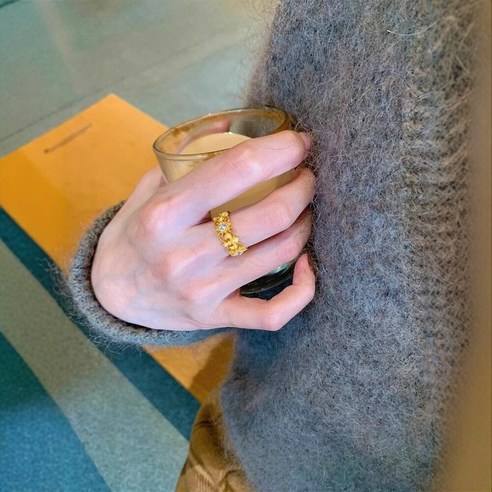 法国coopkoops925银金色拉丝鸢尾花戒指中古重工精致蕾丝闪钻