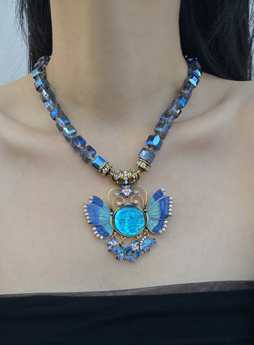 法国CoopKoop欧美简约蓝色水晶串珠蝴蝶吊坠项链潮流时尚小众