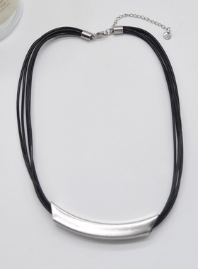 法国CoopKoop小众设计多层黑色皮绳颈链金属几何弧形choker项圈