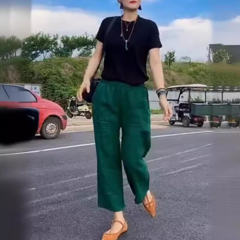 法国coopkoop夏季新款时尚色圆领t恤高腰休闲直筒裤女装