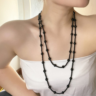 法国coopkoop个性加长可叠戴黑色大小圆珠拼接珍珠项链嘻哈男女