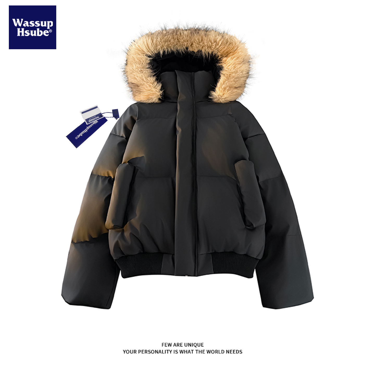 美式毛领连帽棉服男女