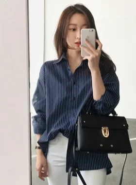 潮春装蓝色宽松新款衬衫长袖中长款大码休闲竖条纹外搭女式百搭
