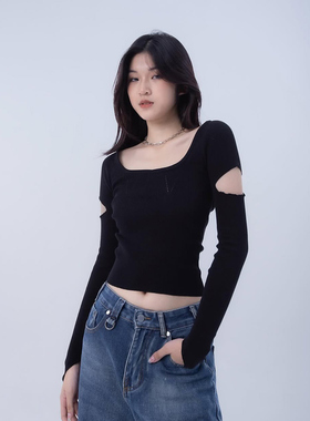 PA33WORD 原创正肩设计感手臂镂空小众显瘦长袖针织T恤