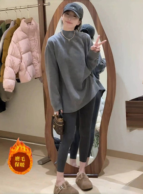 欧货灰色半高领打底衫女内搭2025秋冬宽松遮屁股长袖t恤上衣ins