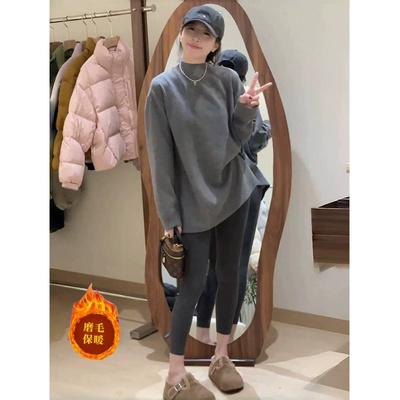 欧货灰色半高领打底衫女内搭2025秋冬宽松遮屁股长袖t恤上衣ins