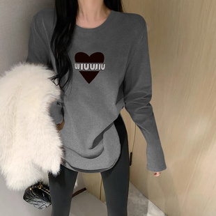 灰色打底衫 t恤女圆领弧形下摆长袖 T恤上衣 磨毛正肩中长款 秋冬新款