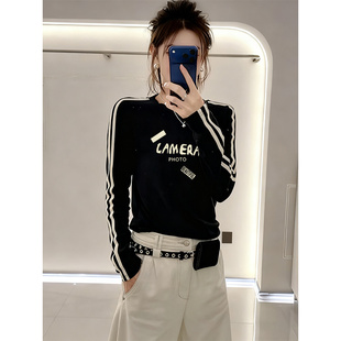 美式辣妹撞色插肩圆领三条杠长袖T恤女秋季修身短上衣收腰打底衫