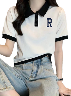 polo领短袖t恤女夏季短款洋气字母小衫女款夏装上衣服翻领体恤ins