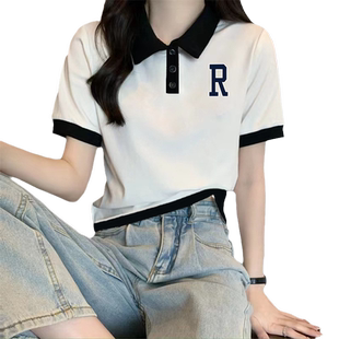 polo领短袖t恤女夏季短款洋气字母小衫女款夏装上衣服翻领体恤ins