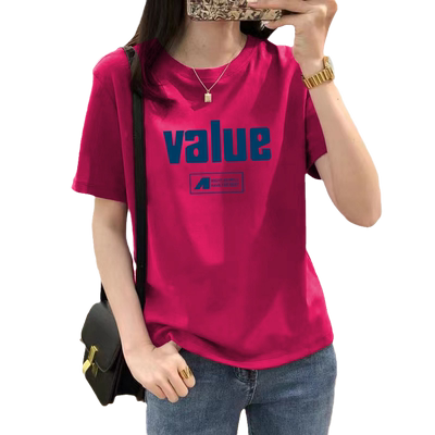 树莓色纯棉短袖t恤女欧货2025新款体恤夏季显瘦体恤正肩小衫上衣