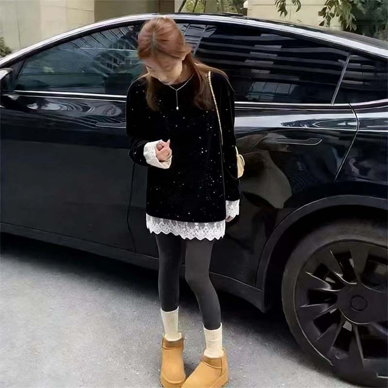 2026新款圆领中长款蕾丝下摆长袖打底衫女秋冬季加厚洋气亮片上衣