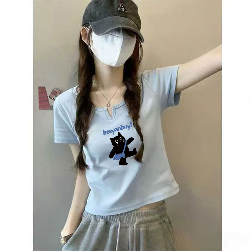 字母印花体恤夏季2026年新女装低领甜辣妹短袖T恤女短款小衫上衣图片