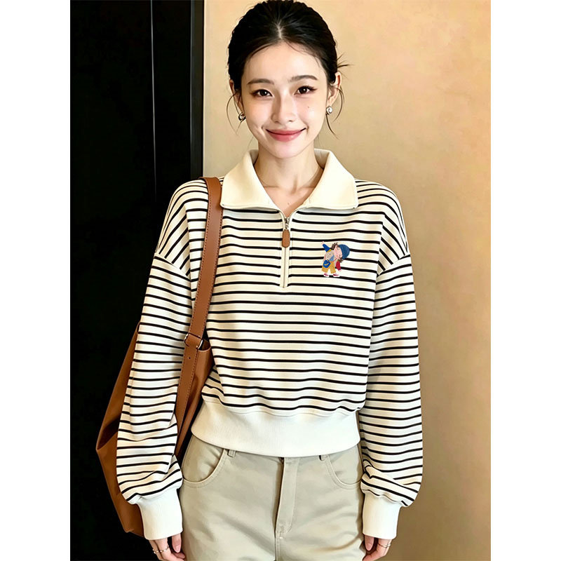 2026秋冬撞色黑杏条纹半拉链polo领套头卫衣女慵懒显瘦小印花上衣
