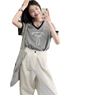 时尚设计感v领正肩t恤女洋气夏装小个子撞色常规短袖上衣ins潮
