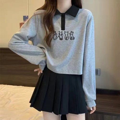 Polo领长袖T恤女秋装大码打底衫胖妹妹显瘦遮肚法式正肩短款上衣