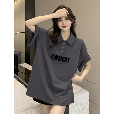 灰色POLO领短袖T恤打底衫女夏季2025新款遮肉宽松正肩中长款上衣