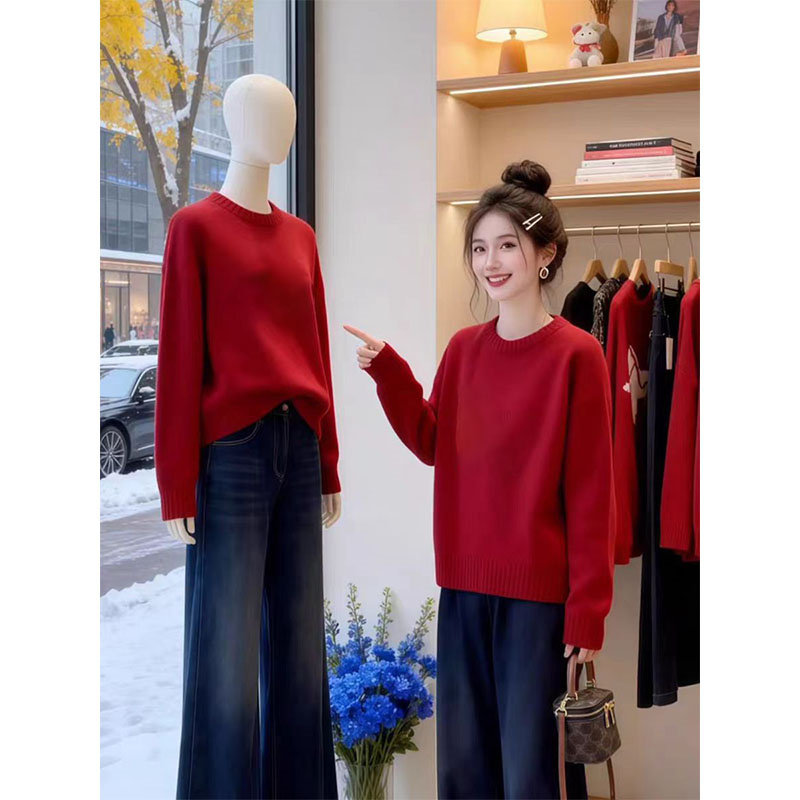 毛衣女款2025新款爆款秋冬红色圆领上衣慵懒风宽松显瘦遮肚打底衫