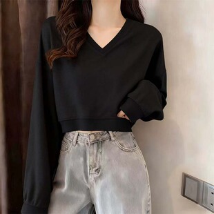 卫衣女春秋新款2025韩系慵懒风高级感短款小个子V领洋气减龄上衣