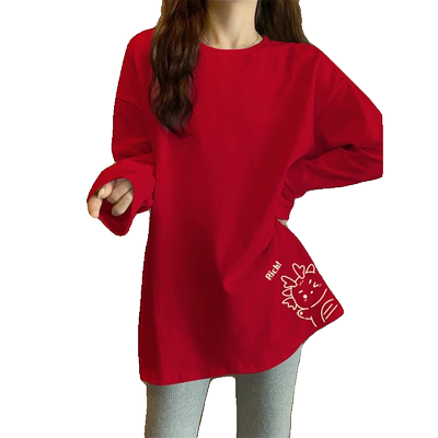 2025龙年本命年红色圆领长袖T恤女宽松休闲外套秋冬打底上衣内搭