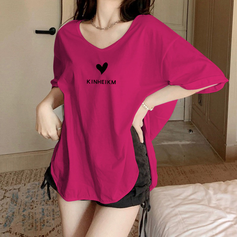 辣妹V领玫红色短袖t恤女夏季纯棉弧形下摆上衣纯欲正肩中长款