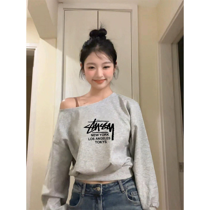 灰色斜肩露肩t恤女长袖秋季2025新款宽松显瘦遮肉辣妹