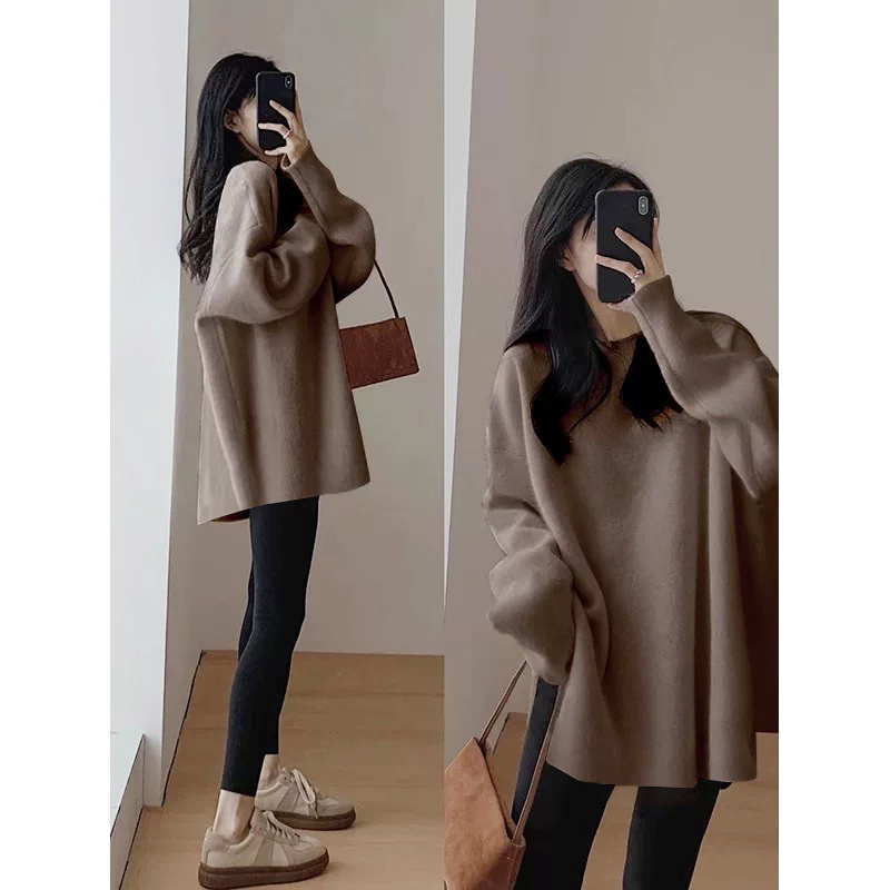 中长款遮屁股打底衫女秋冬加厚德绒T恤磨毛卫衣搭配鲨鱼裤的上衣