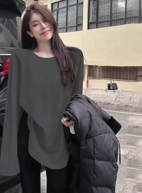 圆领加厚内搭打底衫女秋冬不规则开叉中长款配鲨鱼裤长袖T恤上衣