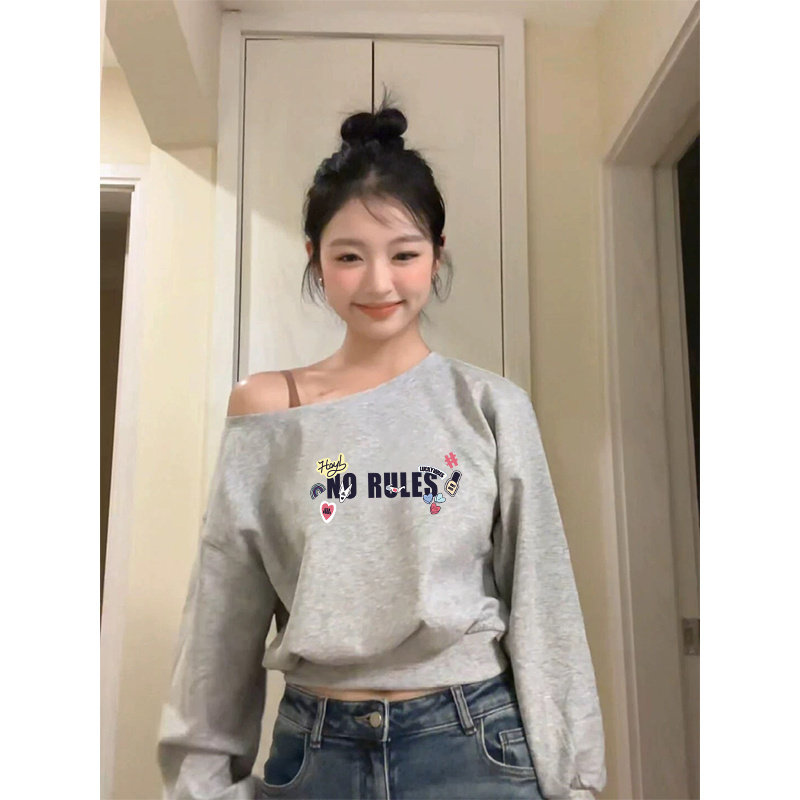 韩版春秋季小众个性不规则斜领露肩收腰辣妹百搭短款长袖女