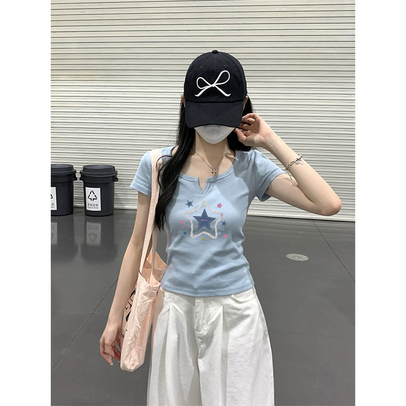 正肩短袖T恤女士2025新款夏季百搭设计感修身显瘦蓝色打底小上衣