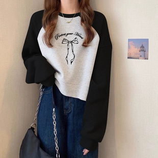 闺蜜装拼色插肩长袖卫衣女春季韩版百搭宽松显瘦圆领无帽短款上衣