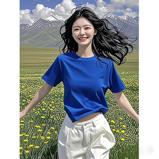 绝美高腰露脐纯棉上衣 正肩短袖 t恤女克莱因蓝夏季 美式 欧洲站短款